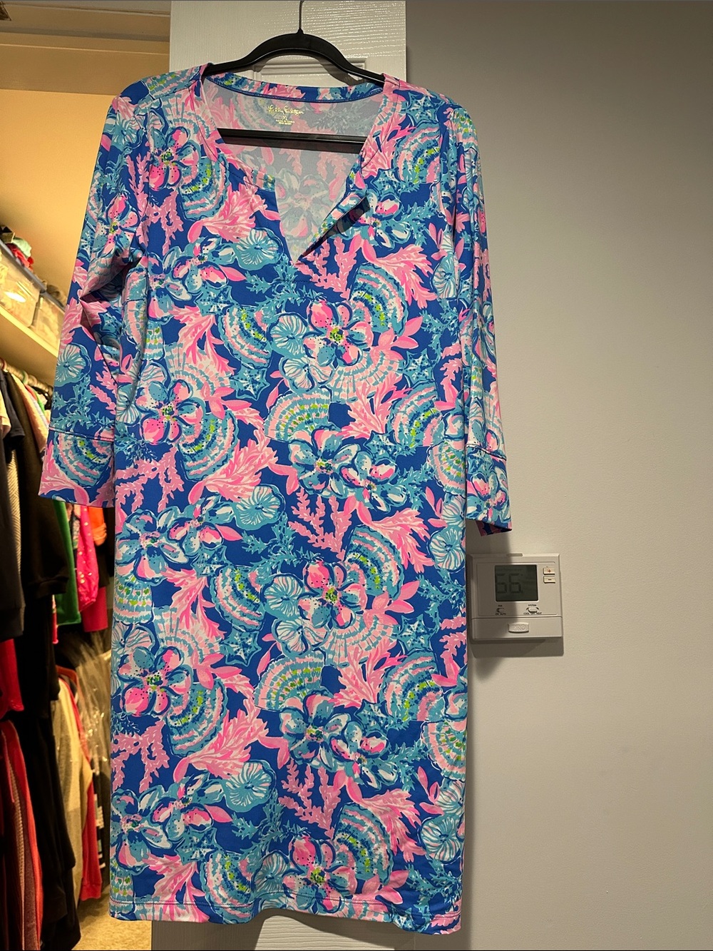 Lilly Pulitzer Blue Pink Floral Long-Sleeve V-Neck Dress- XL